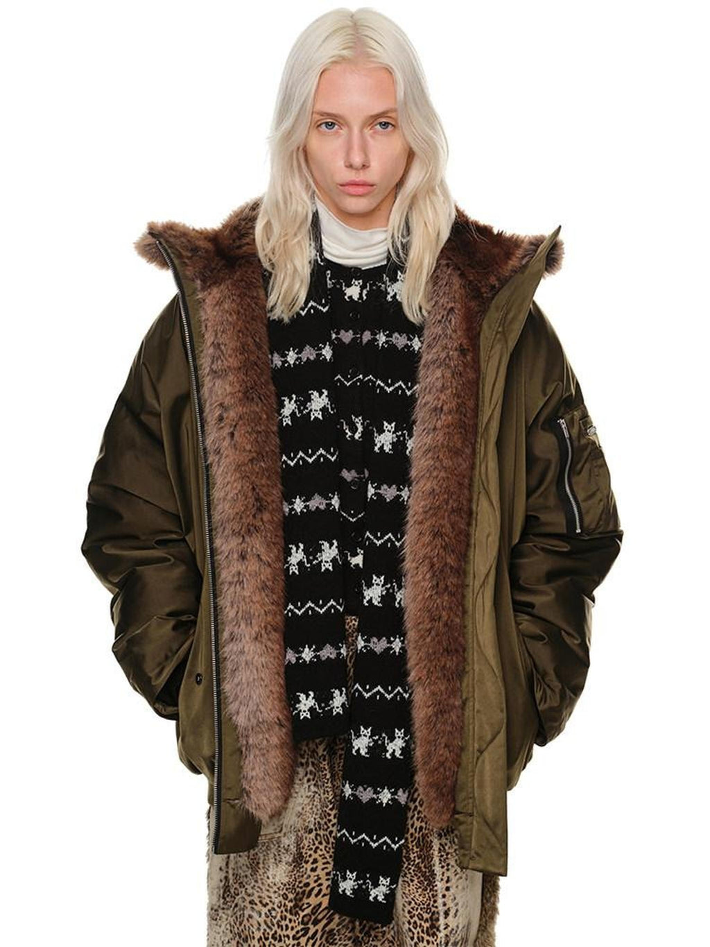 1JINN STUDIO Soft Acrylic Wool Sweet Crew Neck Animal Print Open Front Womens Knit Cardigans