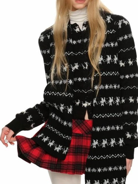 1JINN STUDIO Soft Acrylic Wool Sweet Crew Neck Animal Print Open Front Womens Knit Cardigans