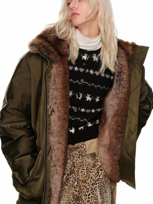 1JINN STUDIO Soft Acrylic Wool Sweet Crew Neck Animal Print Open Front Womens Knit Cardigans