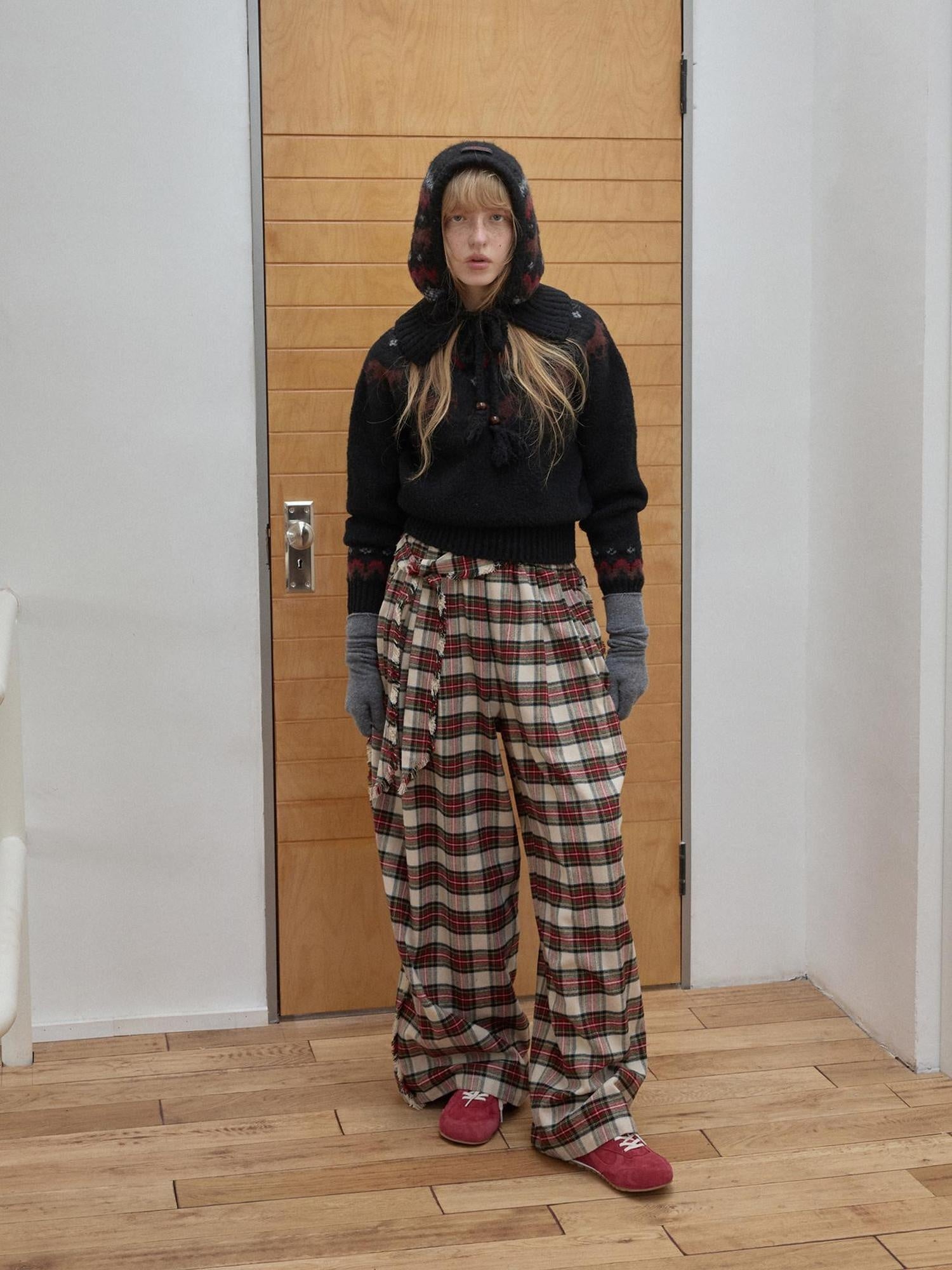 1JINN STUDIO Soft Brushed Cotton Vintage Plaid Low Waist Women Wide Leg Pants