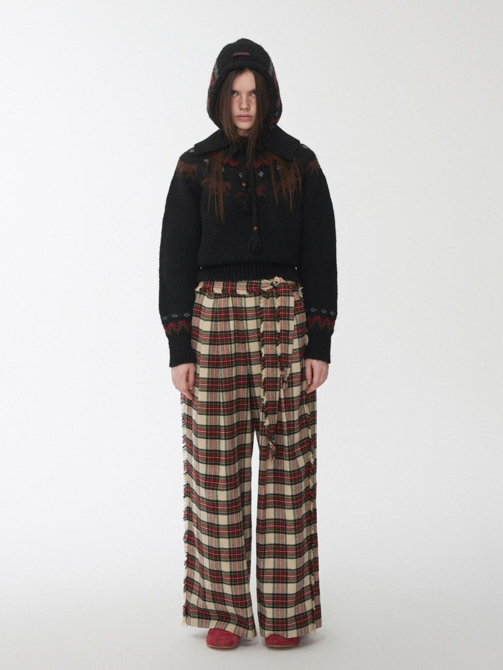 1JINN STUDIO Soft Brushed Cotton Vintage Plaid Low Waist Women Wide Leg Pants