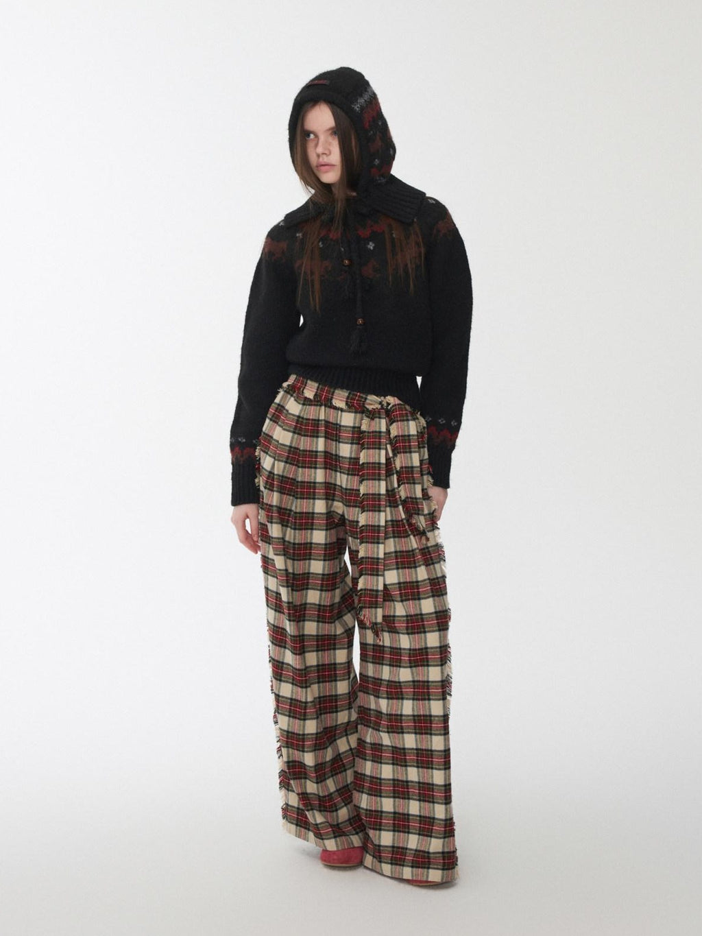 1JINN STUDIO Soft Brushed Cotton Vintage Plaid Low Waist Women Wide Leg Pants