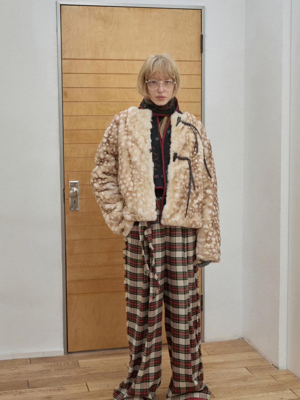 1JINN STUDIO Soft Brushed Cotton Vintage Plaid Low Waist Women Wide Leg Pants
