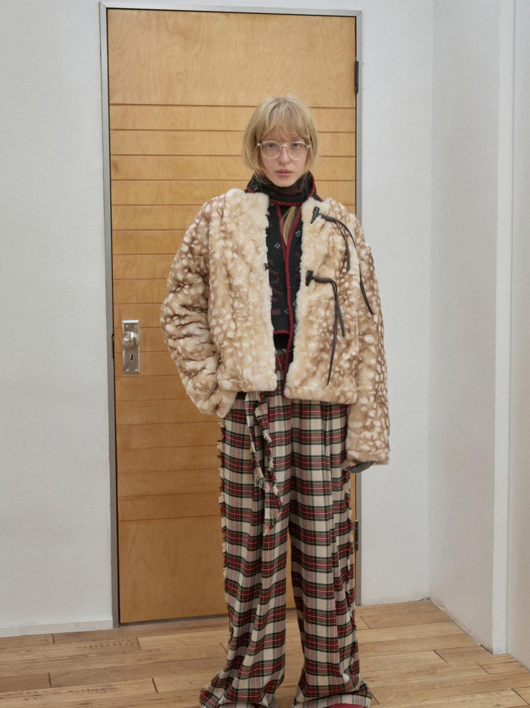 1JINN STUDIO Soft Brushed Cotton Vintage Plaid Low Waist Women Wide Leg Pants