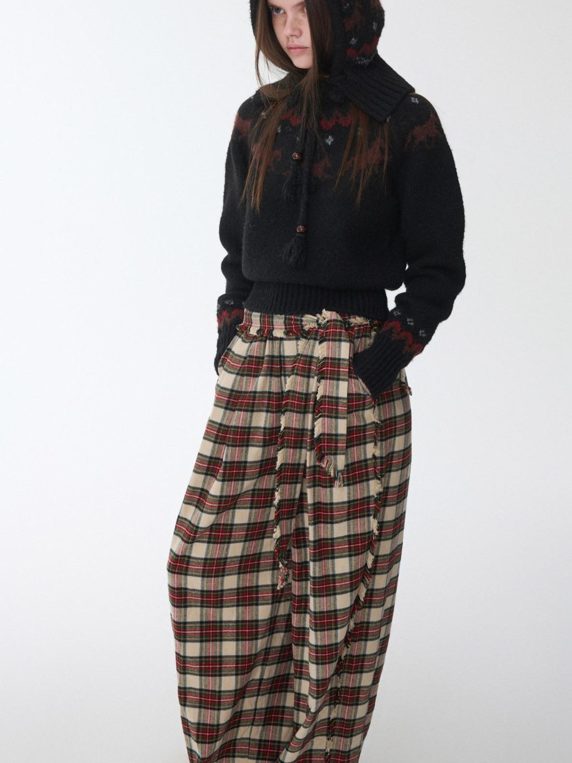 1JINN STUDIO Soft Brushed Cotton Vintage Plaid Low Waist Women Wide Leg Pants