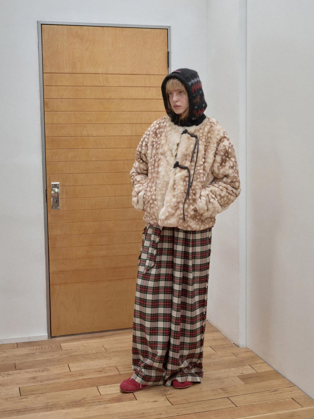 1JINN STUDIO Soft Brushed Cotton Vintage Plaid Low Waist Women Wide Leg Pants