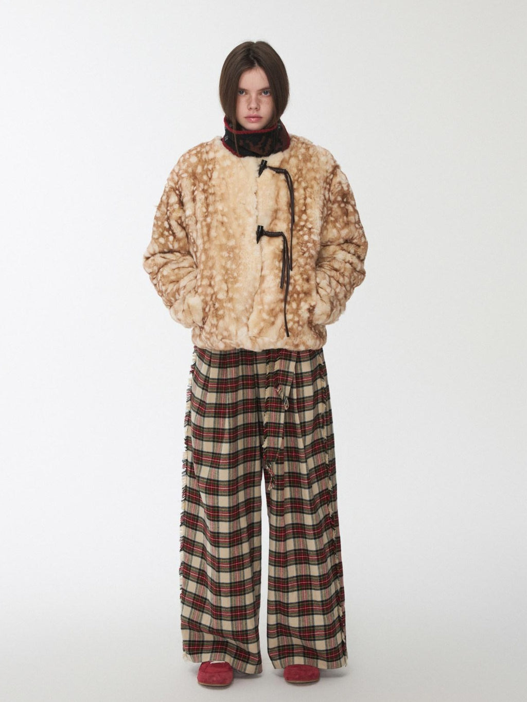 1JINN STUDIO Soft Brushed Cotton Vintage Plaid Low Waist Women Wide Leg Pants