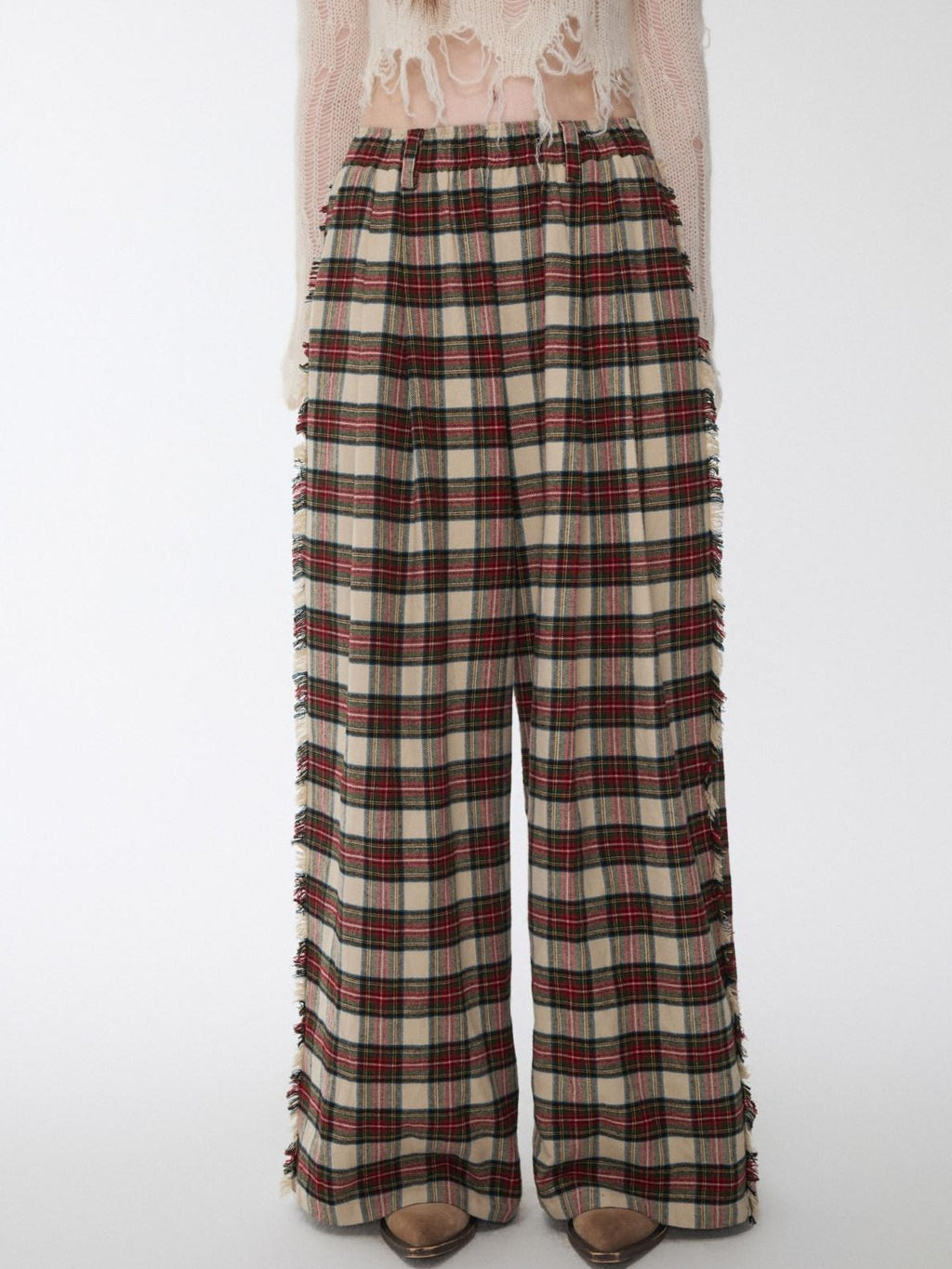 1JINN STUDIO Soft Brushed Cotton Vintage Plaid Low Waist Women Wide Leg Pants