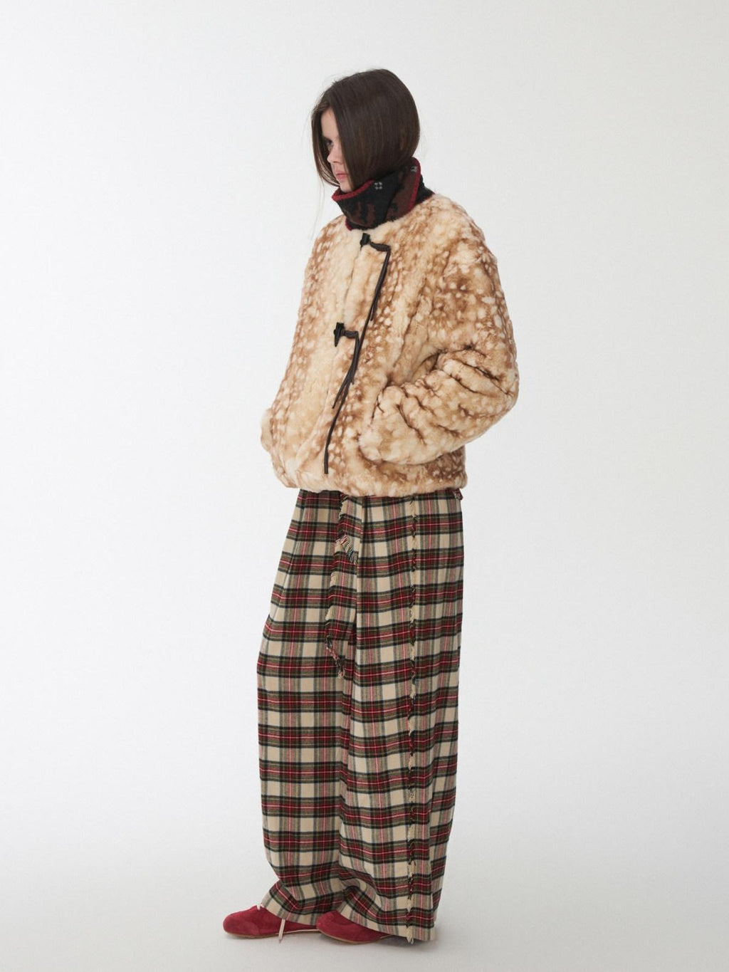 1JINN STUDIO Soft Brushed Cotton Vintage Plaid Low Waist Women Wide Leg Pants