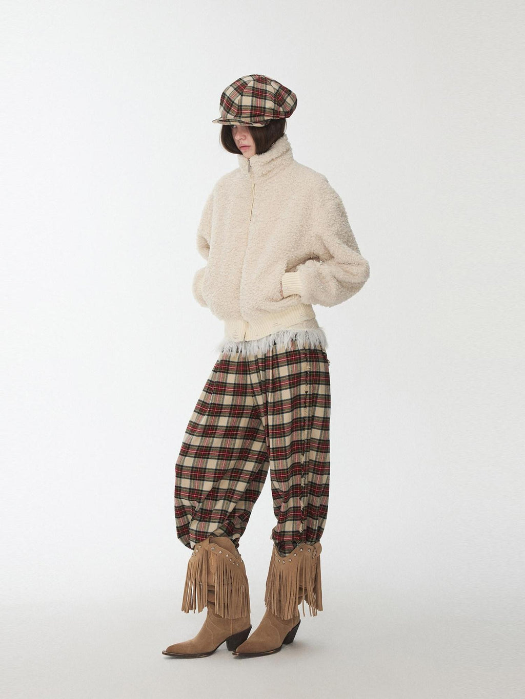 1JINN STUDIO Soft Brushed Cotton Vintage Plaid Low Waist Women Wide Leg Pants