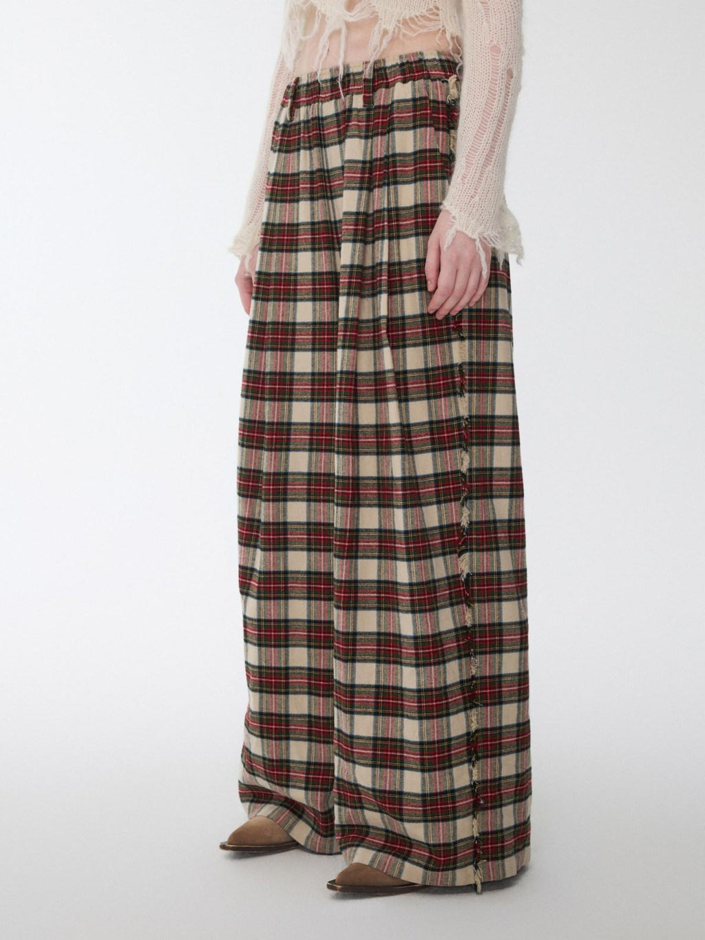 1JINN STUDIO Soft Brushed Cotton Vintage Plaid Low Waist Women Wide Leg Pants