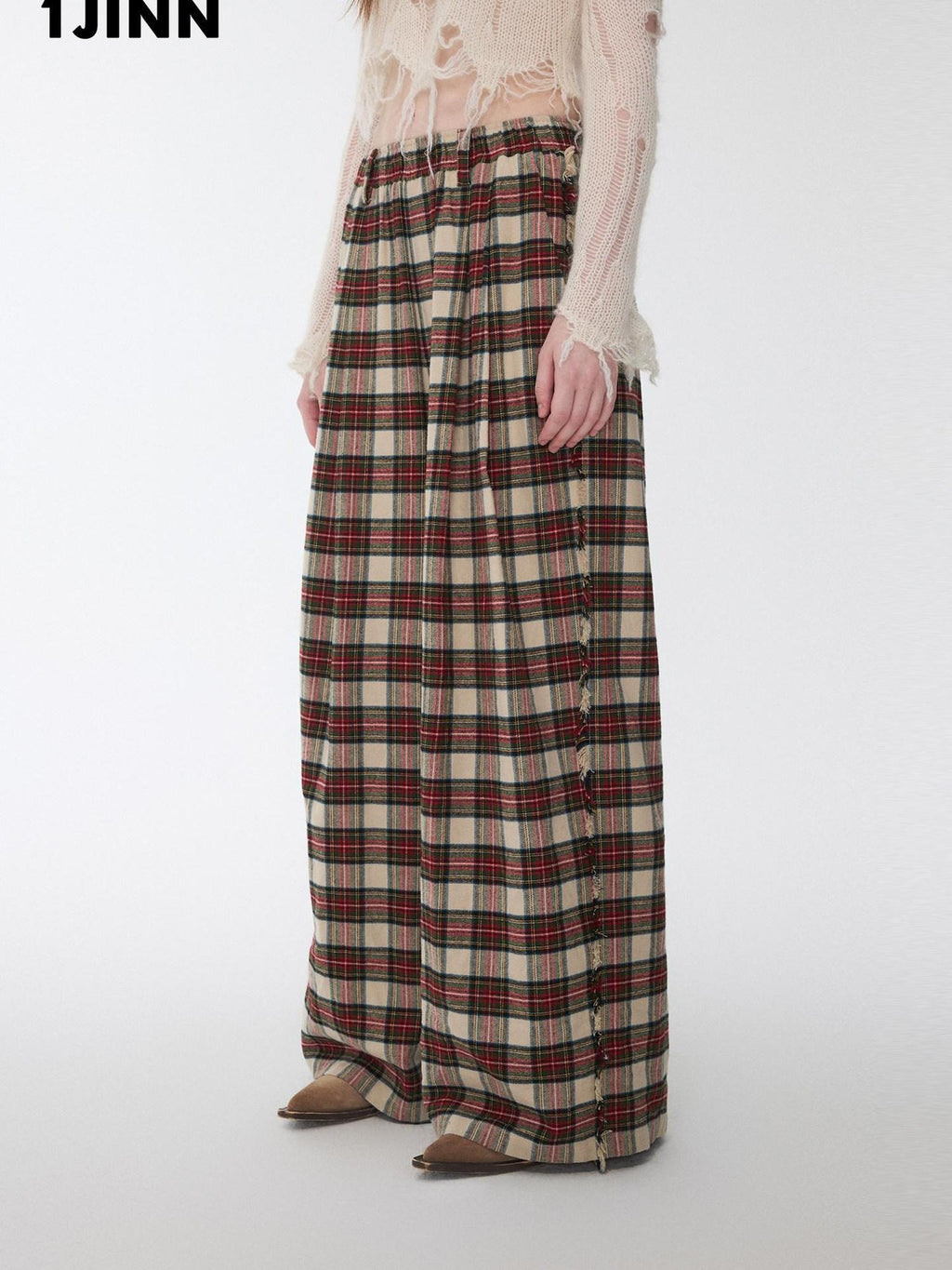 1JINN STUDIO Soft Brushed Cotton Vintage Plaid Low Waist Women Wide Leg Pants