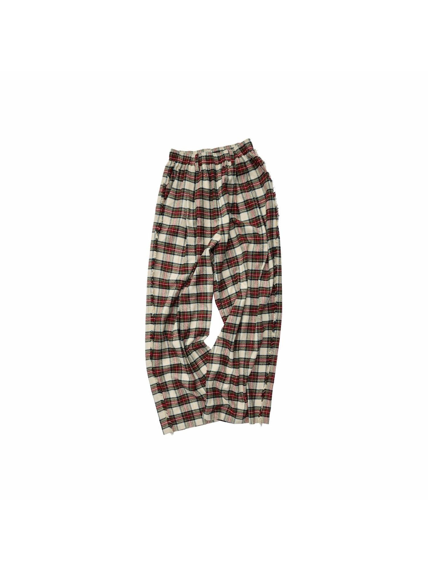 1JINN STUDIO Soft Brushed Cotton Vintage Plaid Low Waist Women Wide Leg Pants