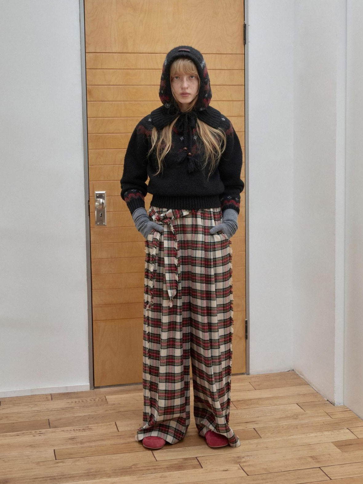 1JINN STUDIO Soft Brushed Cotton Vintage Plaid Low Waist Women Wide Leg Pants