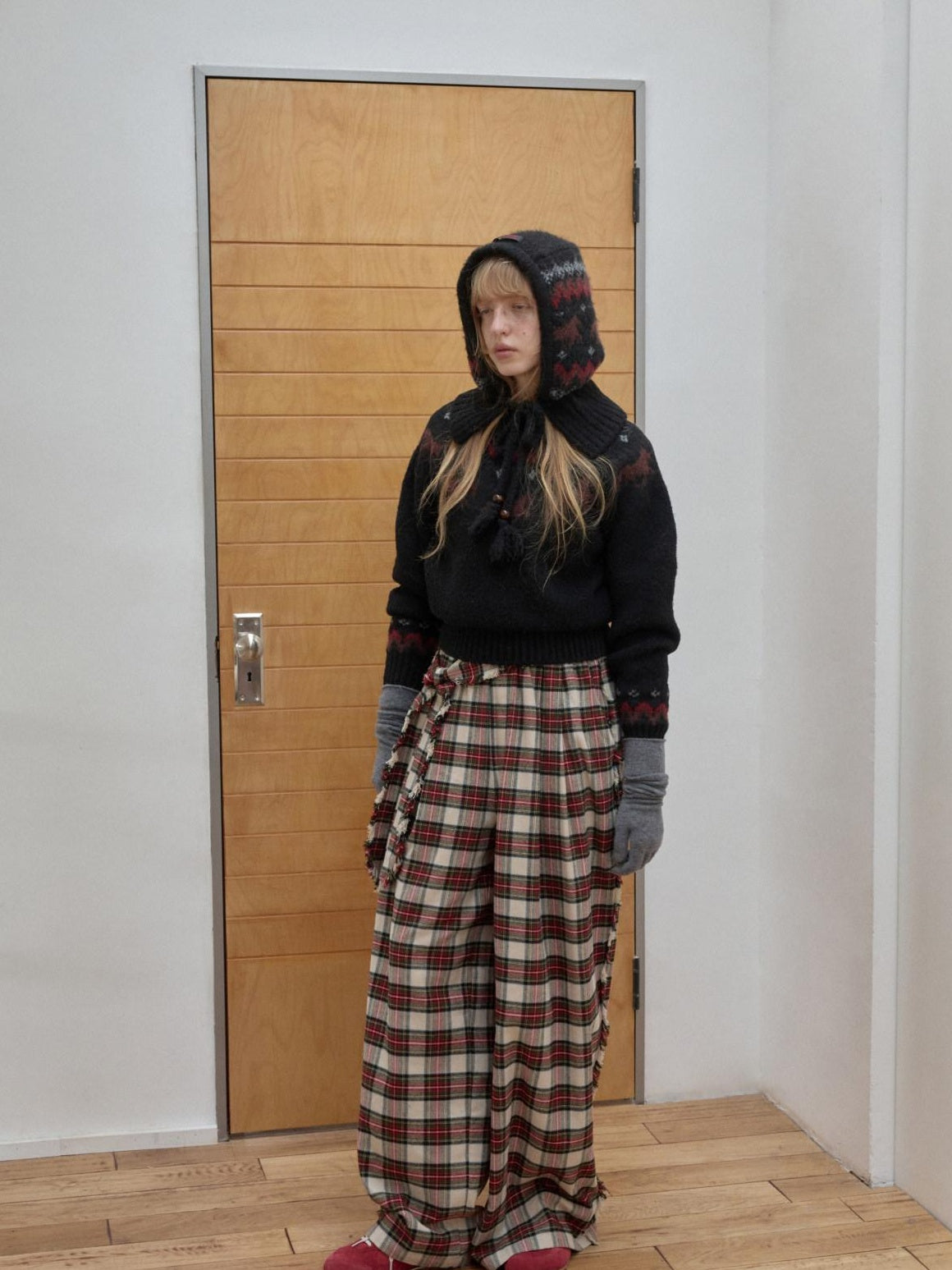 1JINN STUDIO Soft Brushed Cotton Vintage Plaid Low Waist Women Wide Leg Pants