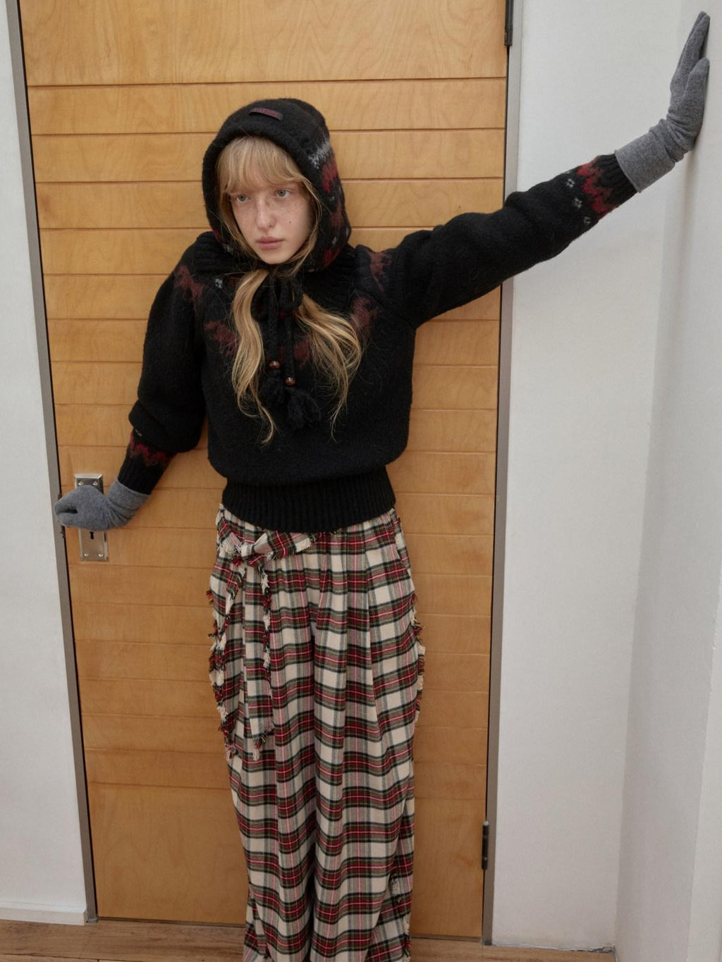 1JINN STUDIO Soft Brushed Cotton Vintage Plaid Low Waist Women Wide Leg Pants