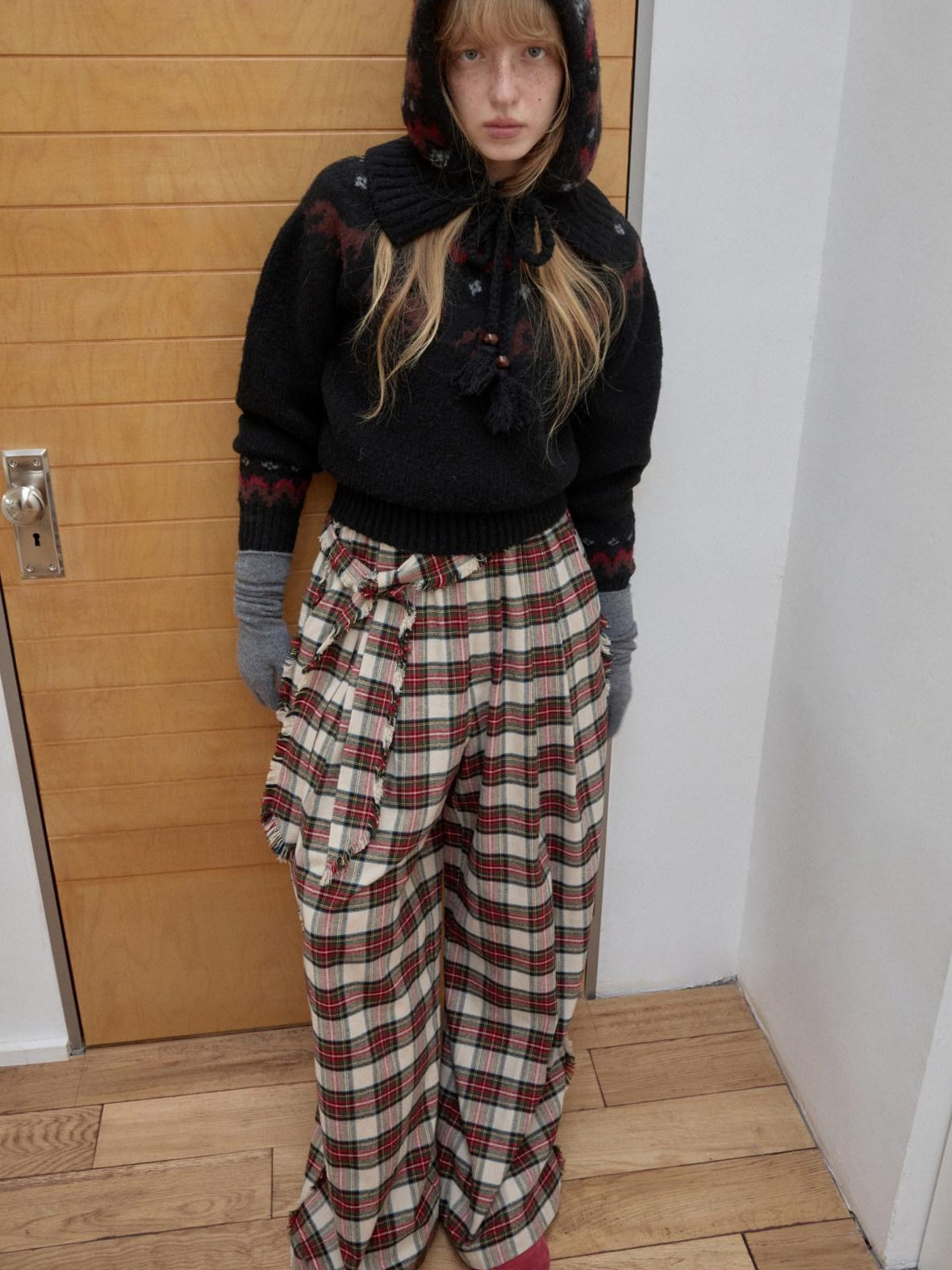 1JINN STUDIO Soft Brushed Cotton Vintage Plaid Low Waist Women Wide Leg Pants
