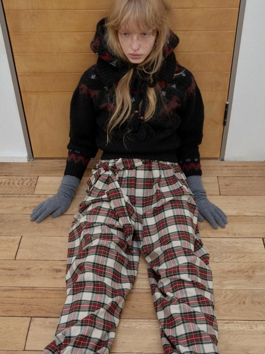 1JINN STUDIO Soft Brushed Cotton Vintage Plaid Low Waist Women Wide Leg Pants