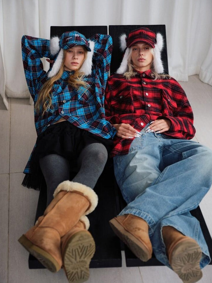 1JINN STUDIO Soft Brushed Shape Retaining Loose Casual Plaid Long Sleeve Women Shirts