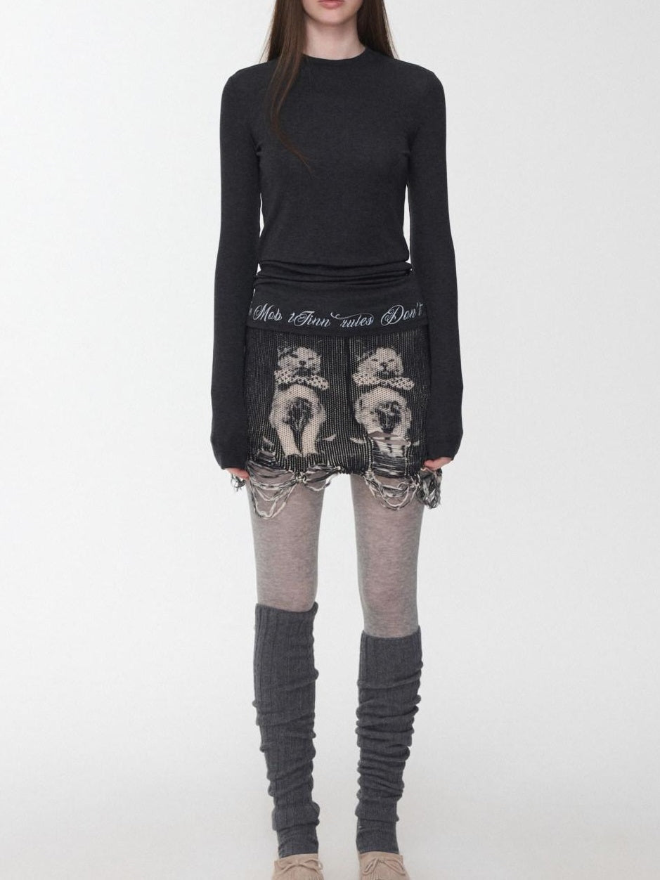 1JINN STUDIO Soft Cotton Blend Retro Drawstring Low Waist Bodycon Printed Black Mini Skirts