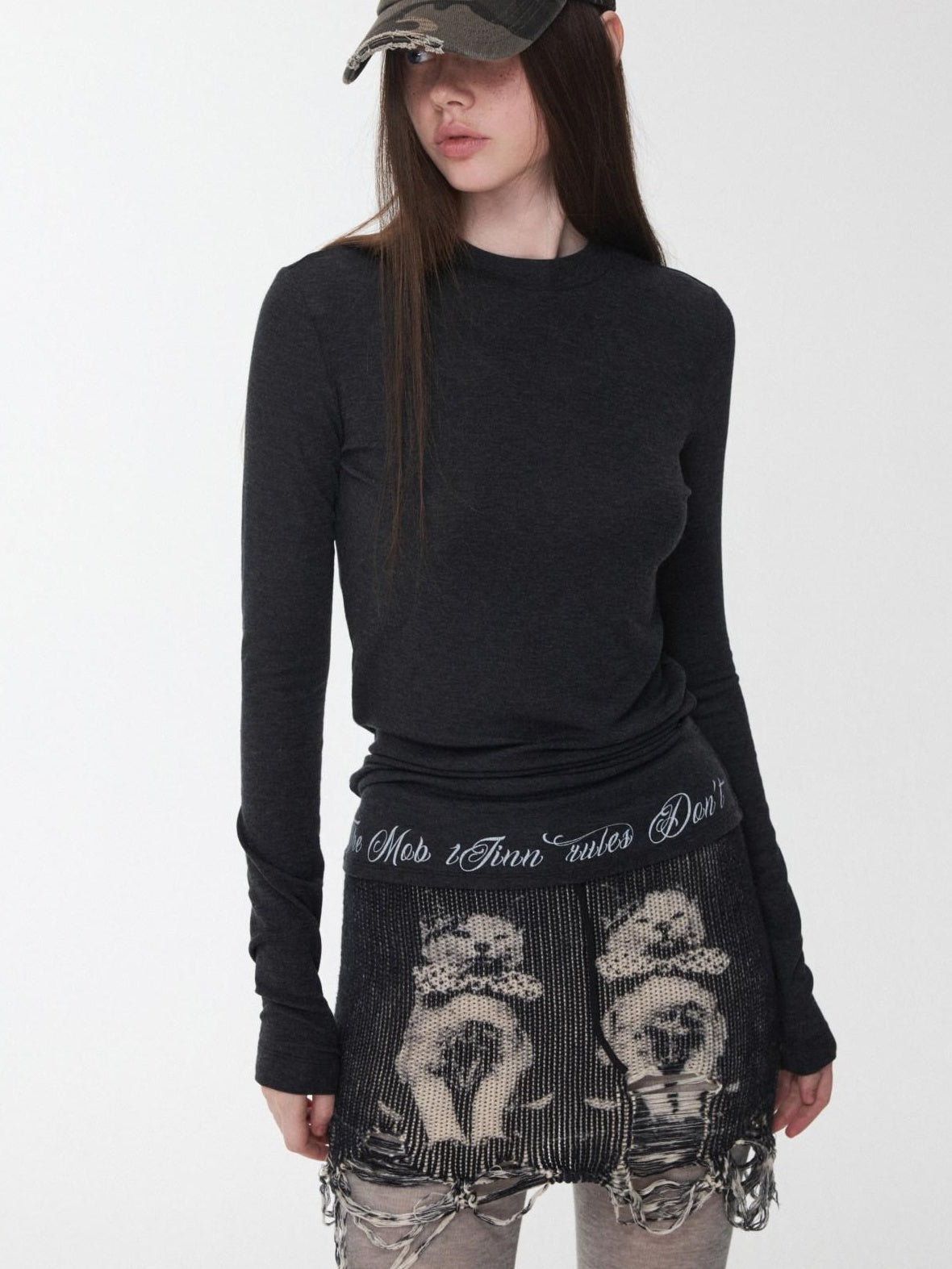 1JINN STUDIO Soft Cotton Blend Retro Drawstring Low Waist Bodycon Printed Black Mini Skirts