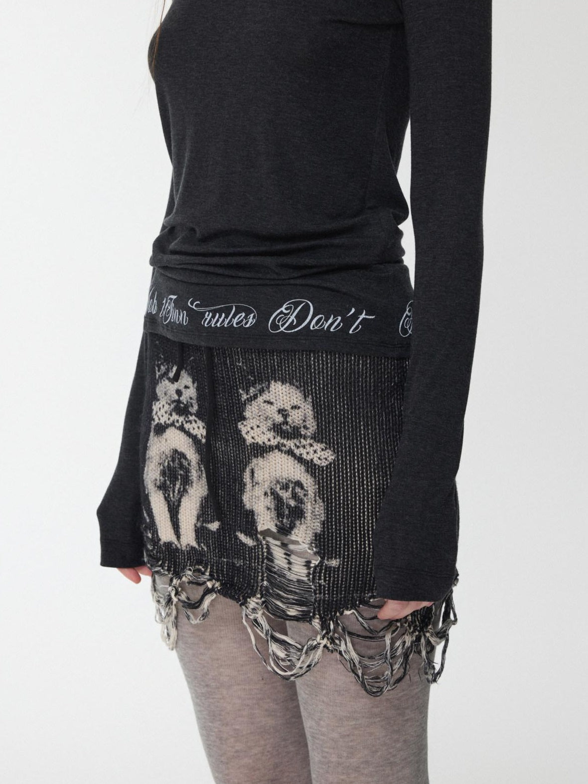 1JINN STUDIO Soft Cotton Blend Retro Drawstring Low Waist Bodycon Printed Black Mini Skirts