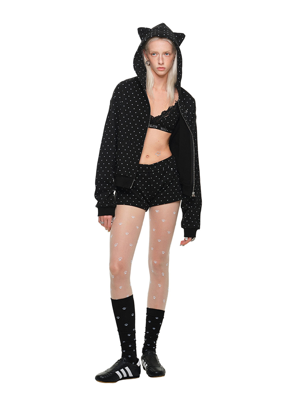 1JINN STUDIO Soft Cotton Blend Sweet Loose Fit Polka Dot Hooded Women Zip Hoodies