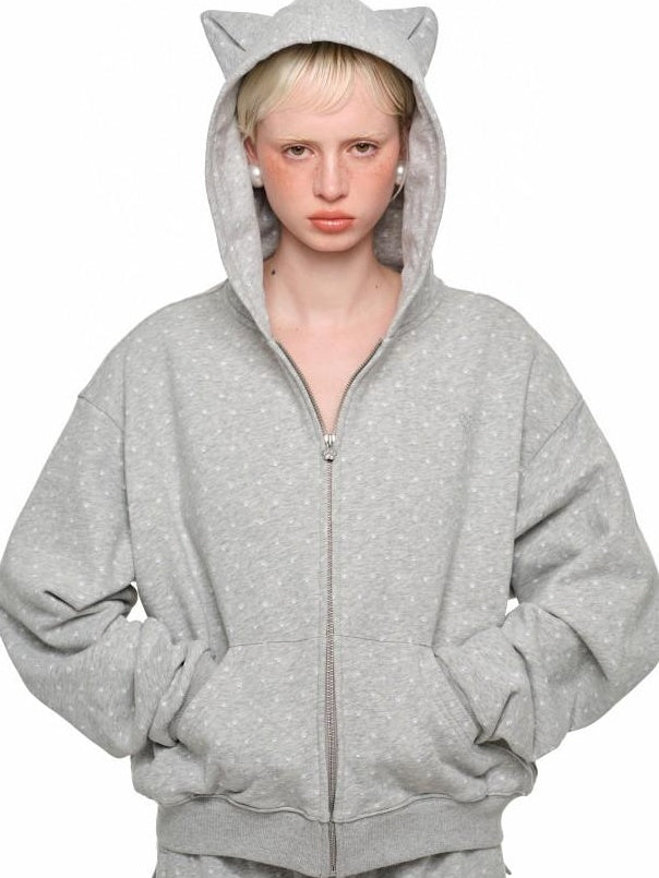 1JINN STUDIO Soft Cotton Blend Sweet Loose Fit Polka Dot Hooded Women Zip Hoodies
