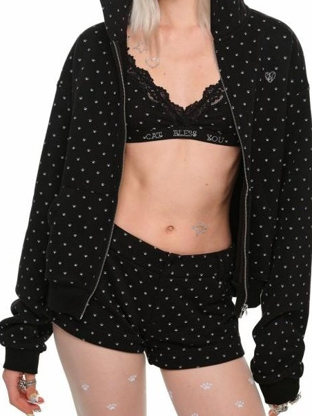 1JINN STUDIO Soft Cotton Blend Sweet Loose Fit Polka Dot Hooded Women Zip Hoodies