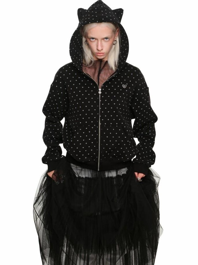 1JINN STUDIO Soft Cotton Blend Sweet Loose Fit Polka Dot Hooded Women Zip Hoodies