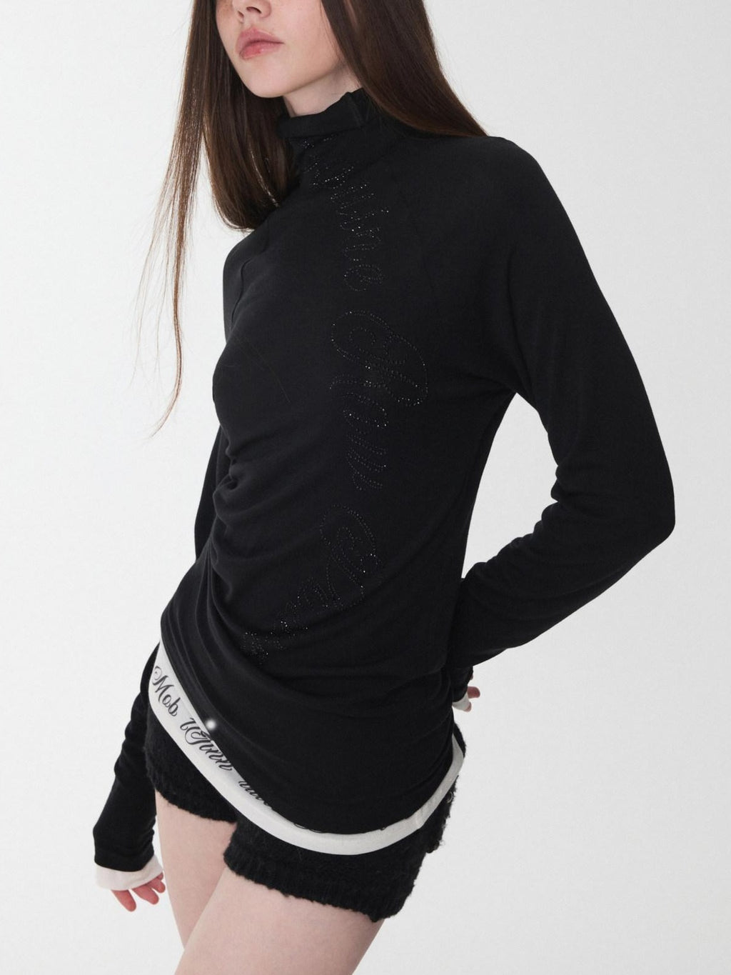 1JINN STUDIO Soft Lambswool Slim Fit Casual High Neck Raglan Lettering Long Sleeve T-Shirts