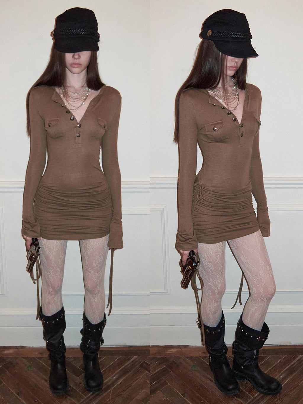 1JINN STUDIO Soft Lyocell Knit Slim Long Sleeve Short Button Pocket Casual Women Mini Dresses
