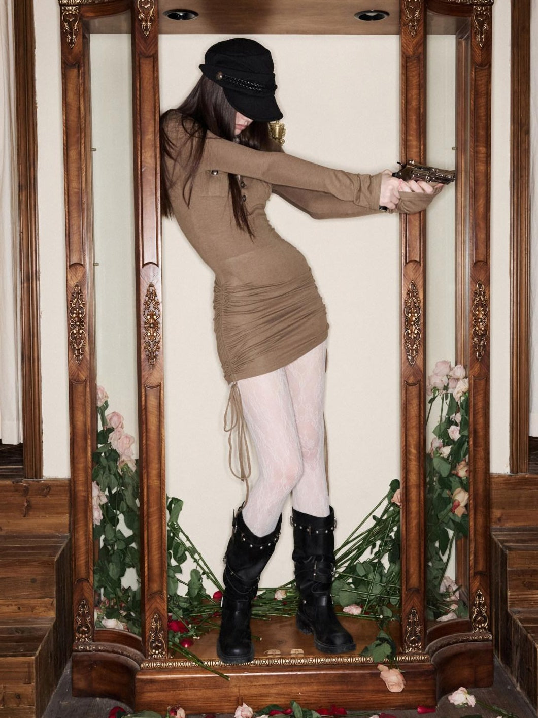 1JINN STUDIO Soft Lyocell Knit Slim Long Sleeve Short Button Pocket Casual Women Mini Dresses