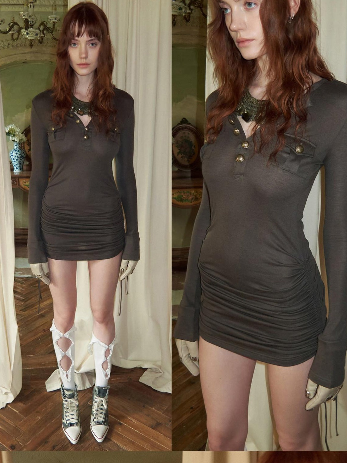 1JINN STUDIO Soft Lyocell Knit Slim Long Sleeve Short Button Pocket Casual Women Mini Dresses