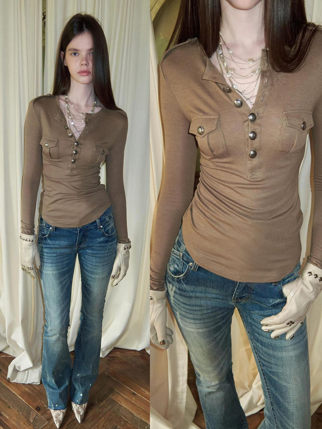 1JINN STUDIO Soft Lyocell Knit Slim Long Sleeve Short Button Pocket Casual Women Mini Dresses