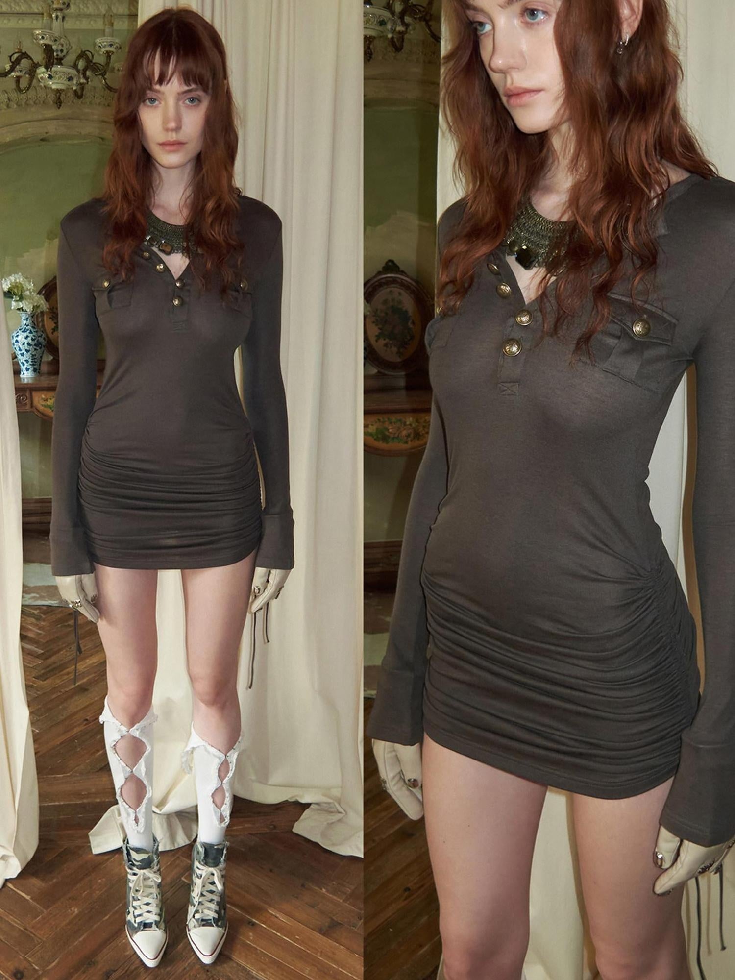 1JINN STUDIO Soft Lyocell Knit Slim Long Sleeve Short Button Pocket Casual Women Mini Dresses