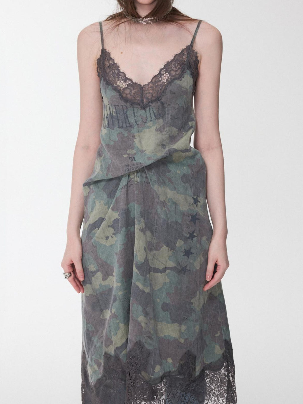 1JINN STUDIO Soft Lyocell Strappy V-neck O Silhouette Casual Camouflage Print Midi Dresses