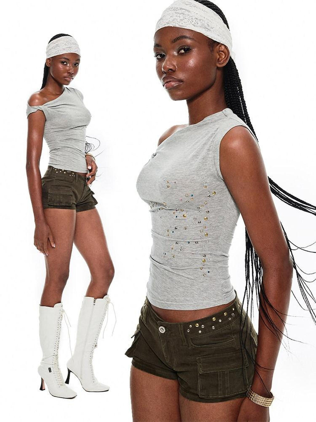 1JINN STUDIO Soft Lyocell Stretch Slim Fit Slanted Neck Casual Women Short Sleeve T-Shirts