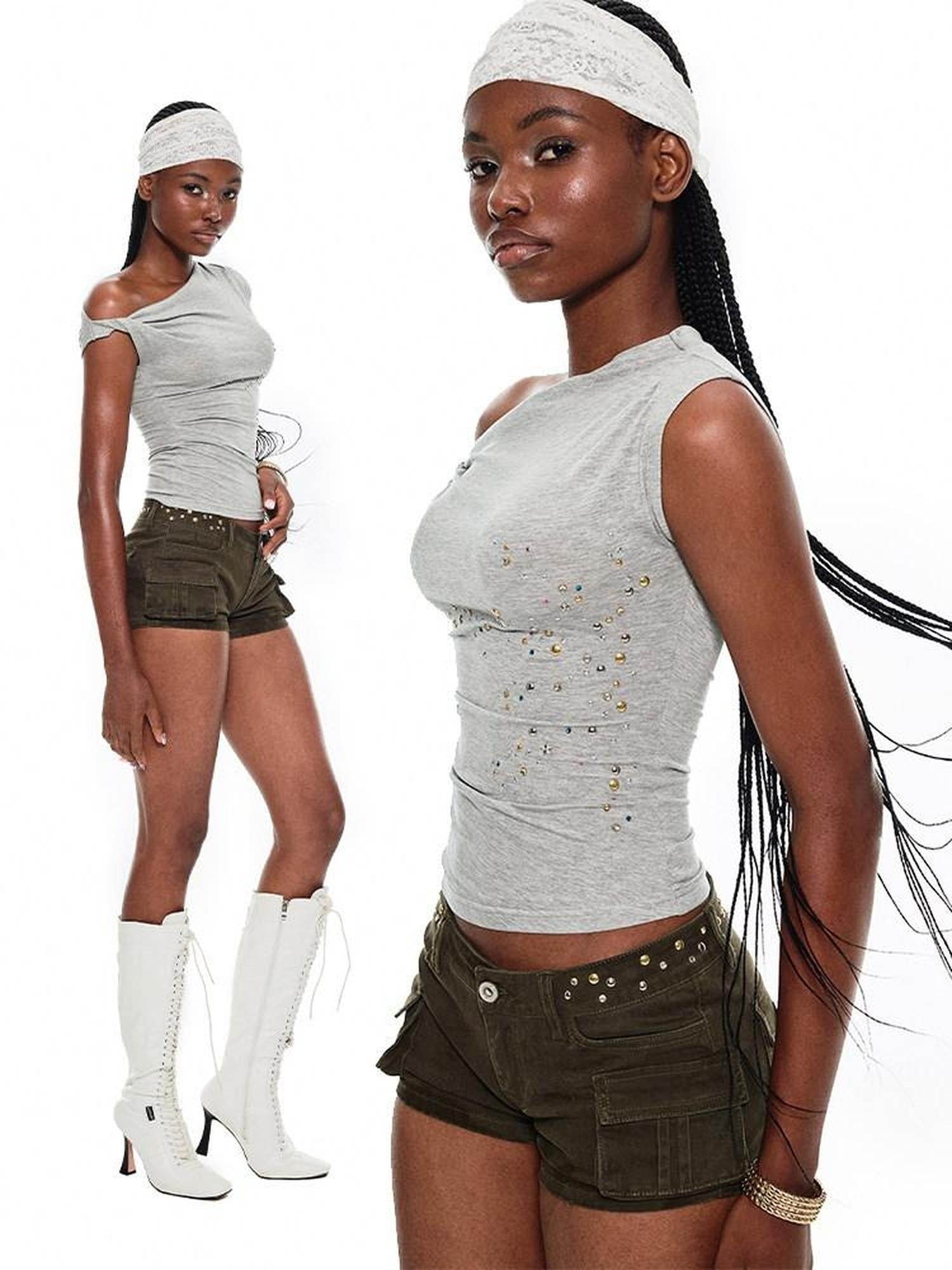 1JINN STUDIO Soft Lyocell Stretch Slim Fit Slanted Neck Casual Women Short Sleeve T-Shirts