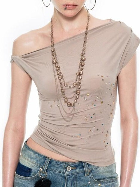 1JINN STUDIO Soft Lyocell Stretch Slim Fit Slanted Neck Casual Women Short Sleeve T-Shirts