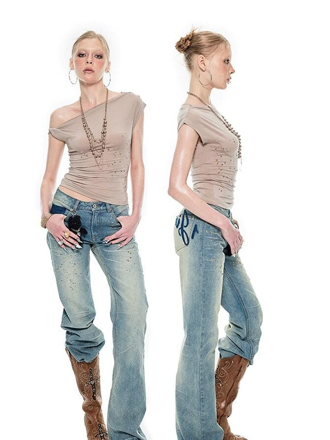1JINN STUDIO Soft Lyocell Stretch Slim Fit Slanted Neck Casual Women Short Sleeve T-Shirts