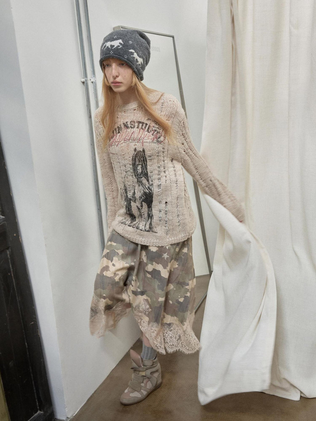 1JINN STUDIO Soft Slim Hollow Out Distressed Knit Pullover Womens Office Acrylic Sweaters