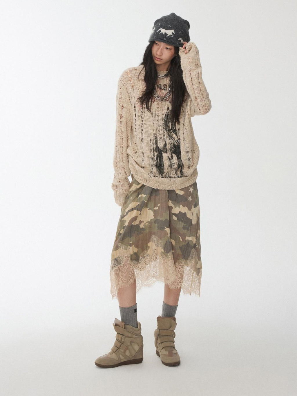 1JINN STUDIO Soft Slim Hollow Out Distressed Knit Pullover Womens Office Acrylic Sweaters
