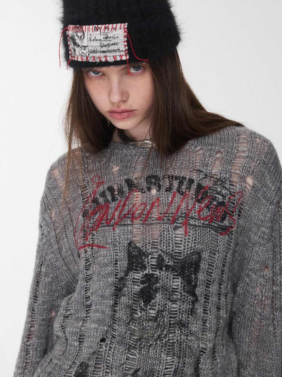 1JINN STUDIO Soft Slim Hollow Out Distressed Knit Pullover Womens Office Acrylic Sweaters