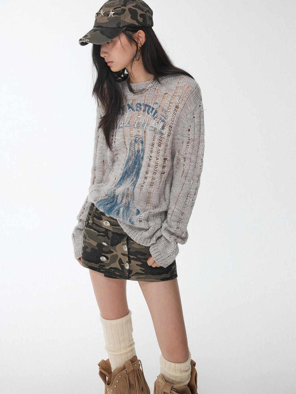 1JINN STUDIO Soft Slim Hollow Out Distressed Knit Pullover Womens Office Acrylic Sweaters