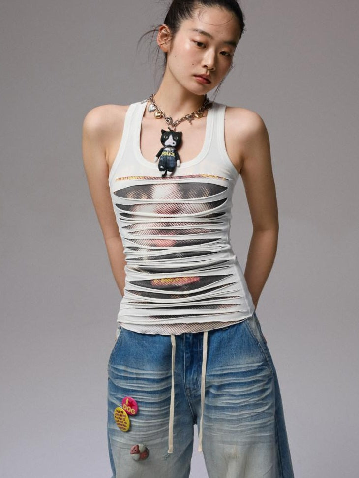 1JINN STUDIO Soft Stretch Cotton Viscose Blend Patchwork U Neck Slim Fit Versatile Tank Tops