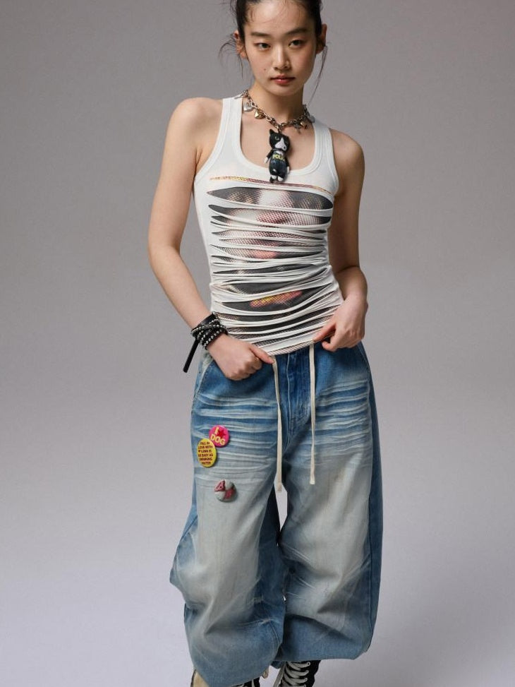 1JINN STUDIO Soft Stretch Cotton Viscose Blend Patchwork U Neck Slim Fit Versatile Tank Tops