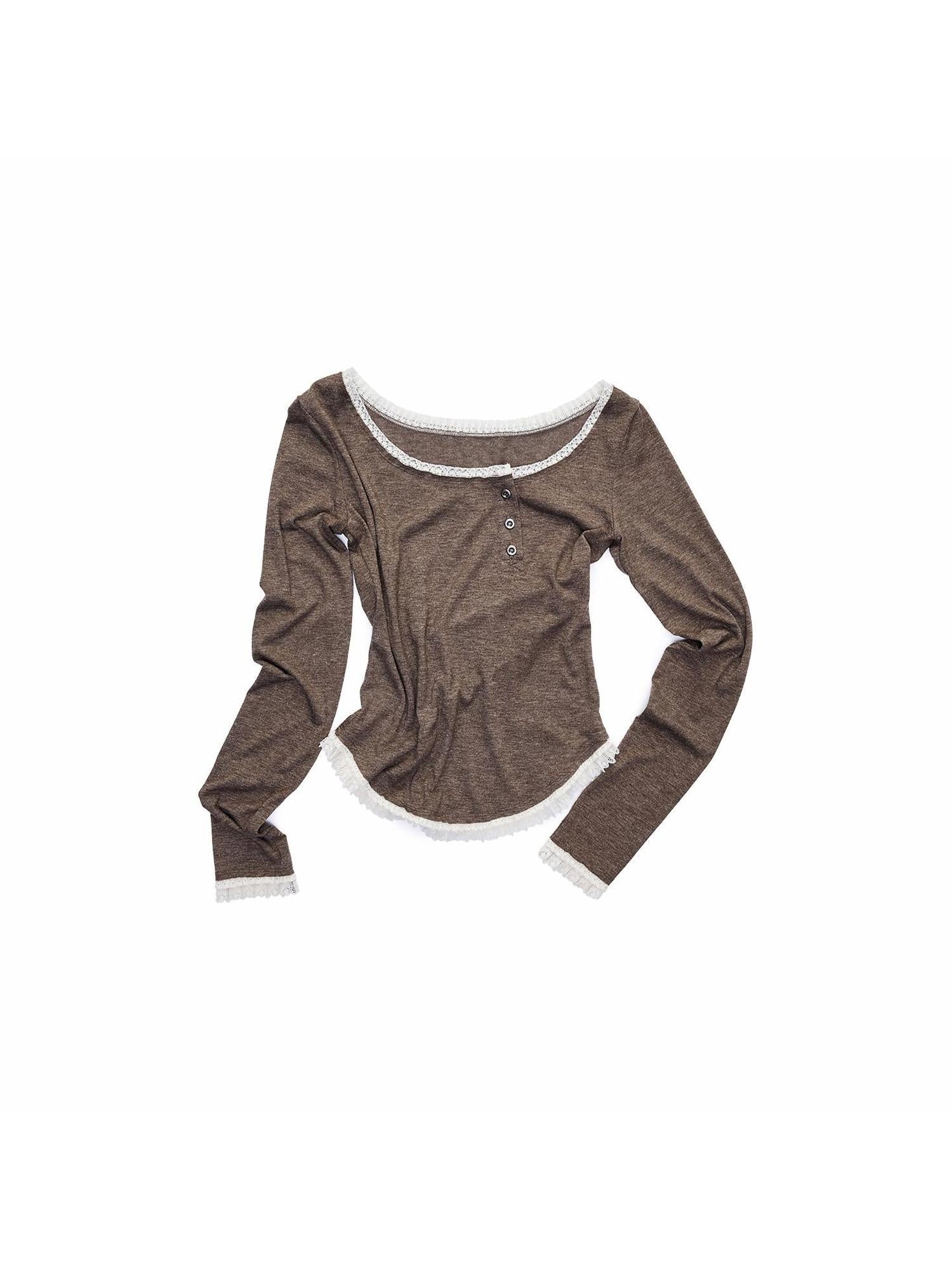 1JINN STUDIO Soft Stretch Lace Trim Slim Fit Casual Women Poly Blend Long Sleeve T-Shirts