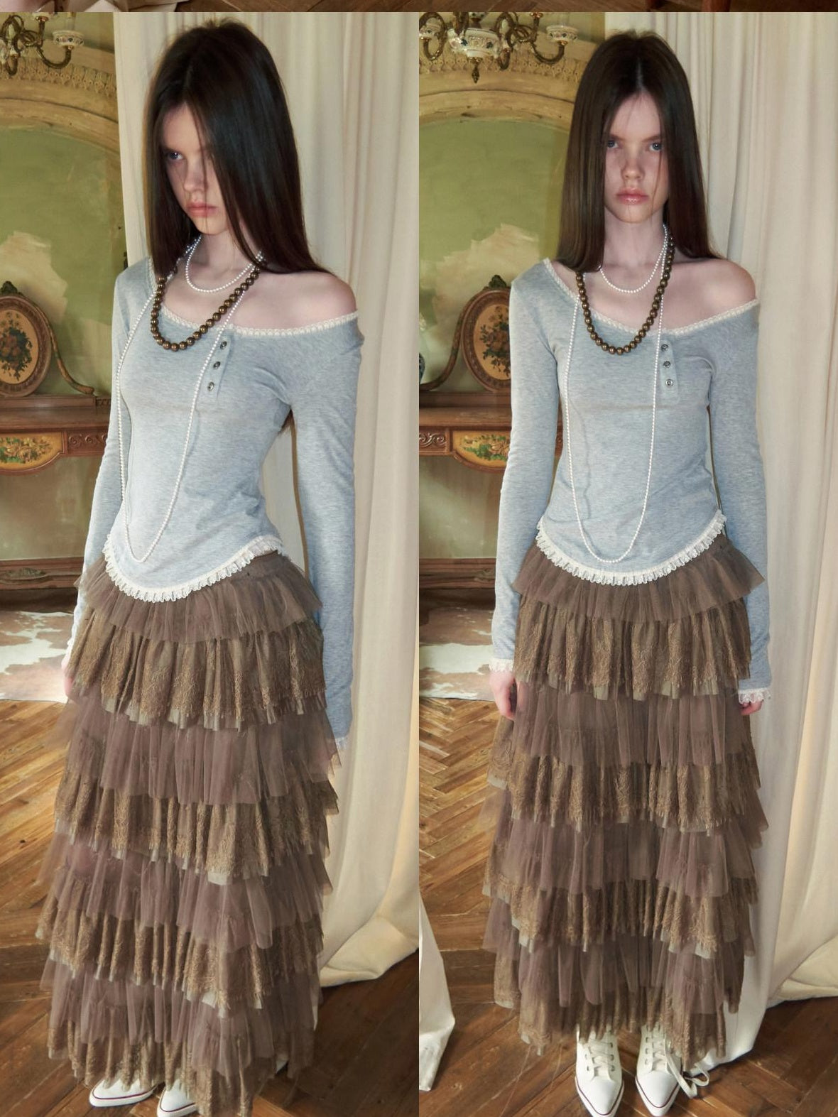 1JINN STUDIO Soft Stretch Lace Trim Slim Fit Casual Women Poly Blend Long Sleeve T-Shirts