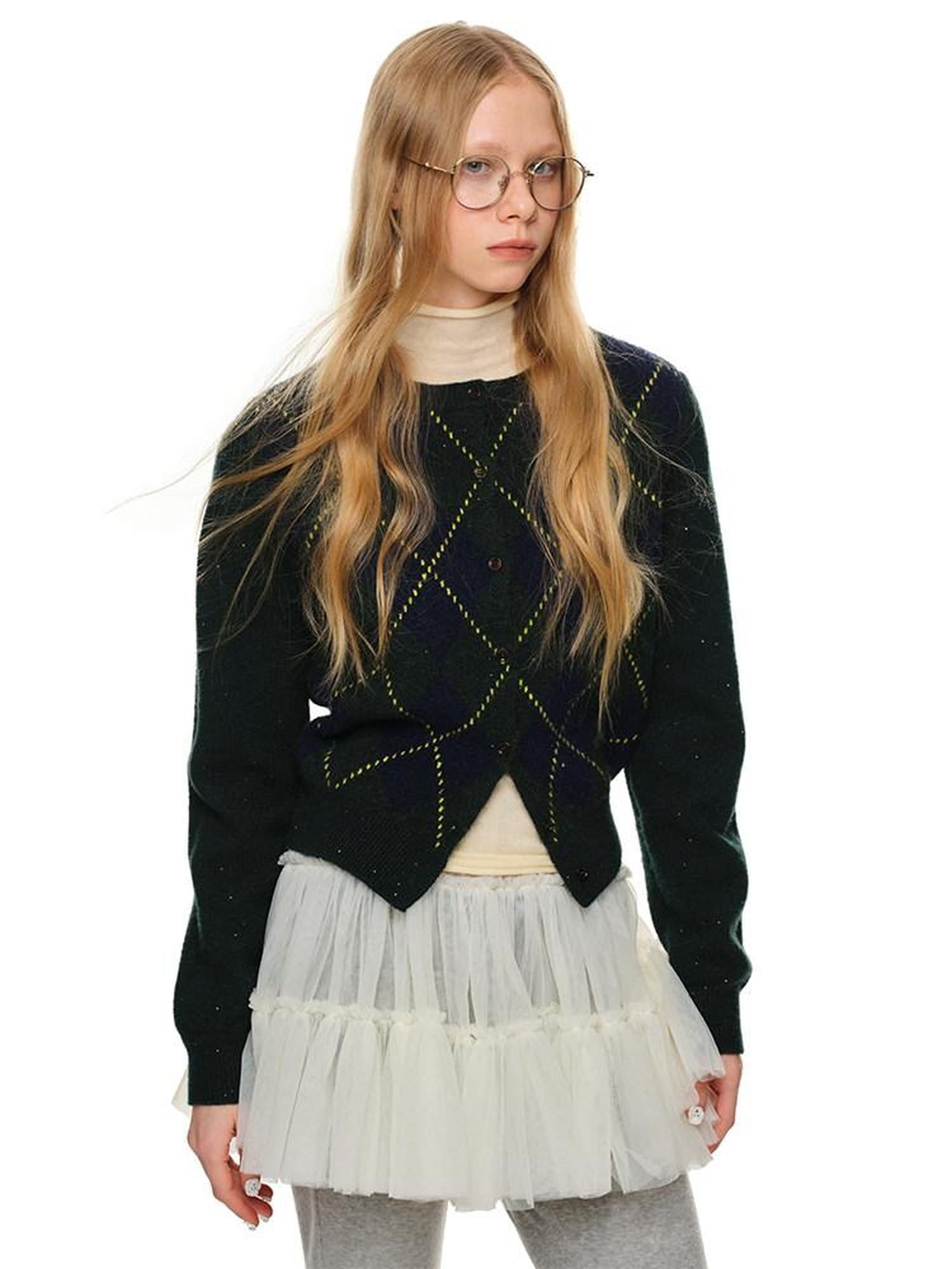 1JINN STUDIO Soft Stretch Poly Wool Blend V-neck Argyle Button Longsleeve Women Cardigans